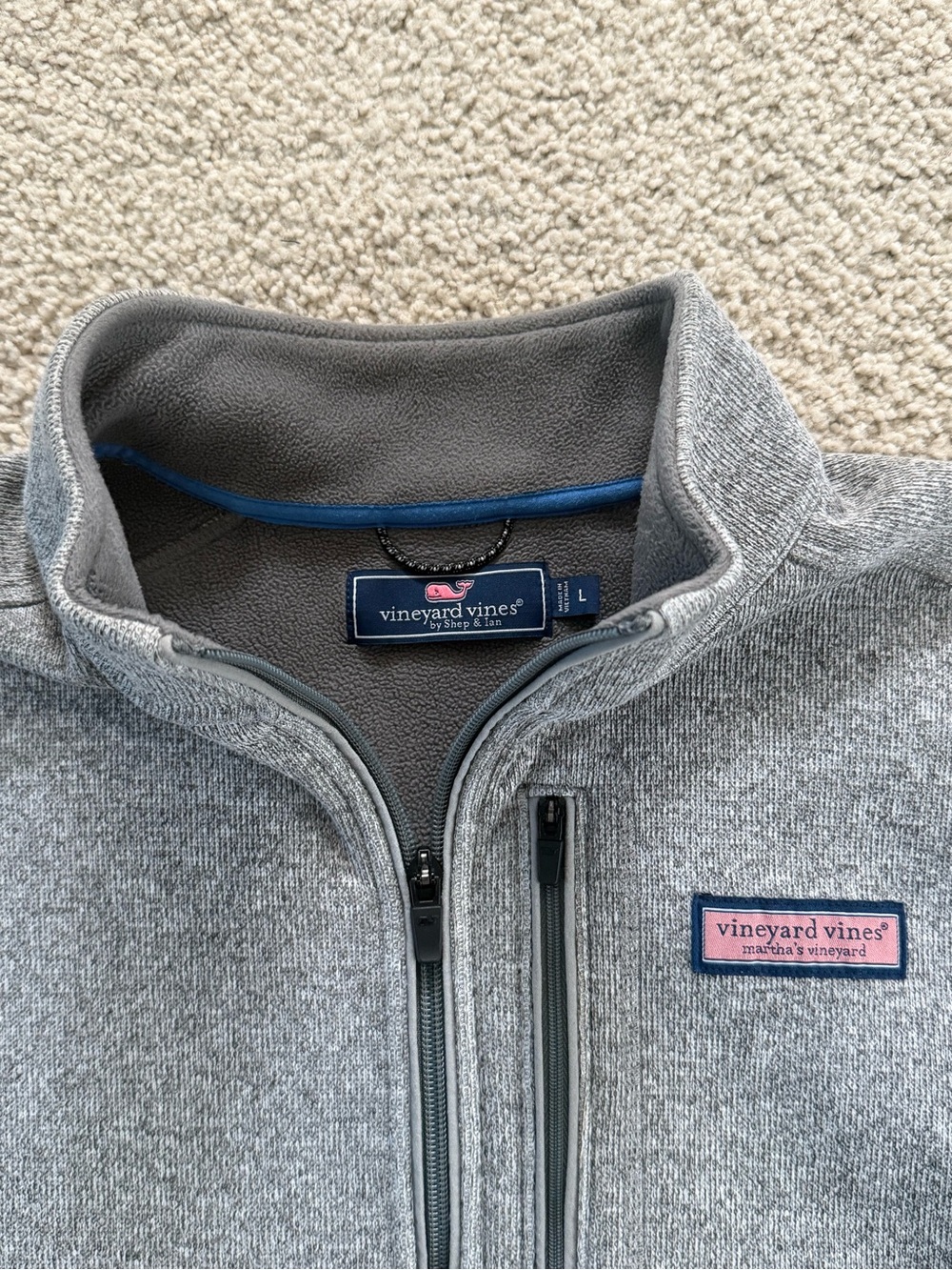 Vineyard Vines Gray Zip-Up Fleece with Pink Logo Patch